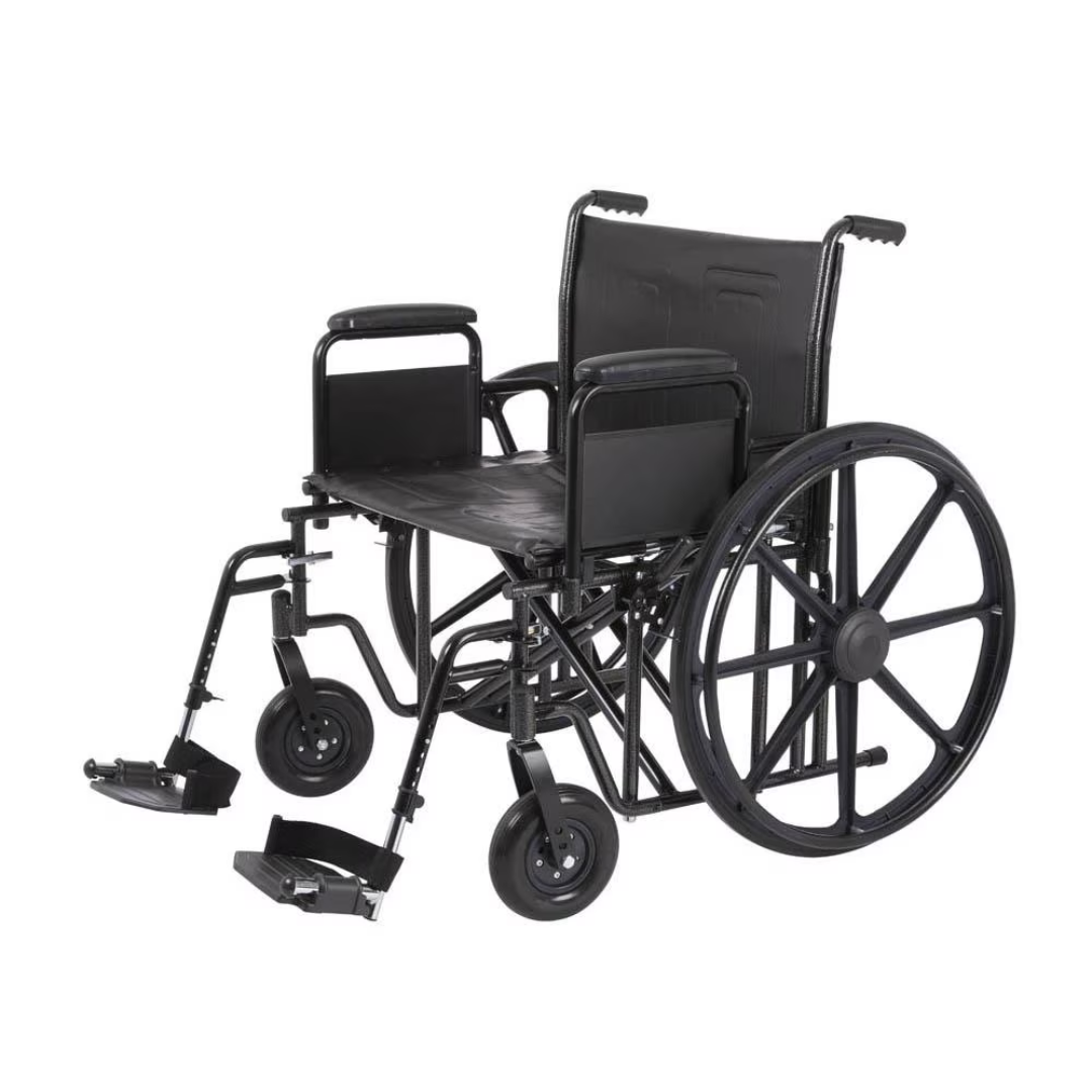 The Rhythm Array HD K7 Chair showcases a sturdy carbon steel frame, large rear wheels, and height-adjustable casters. Its fabric seat and backrest, desk-length detachable armrests, footrests, and small front wheels are displayed in a sleek front-right angle image.